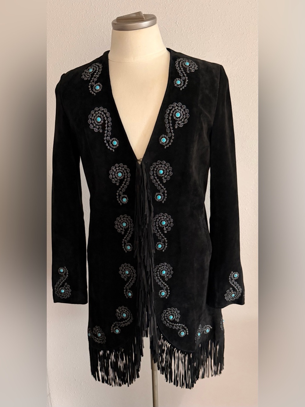 Scully Black Suede Fringe Jacket with Turquoise Embellishment Large